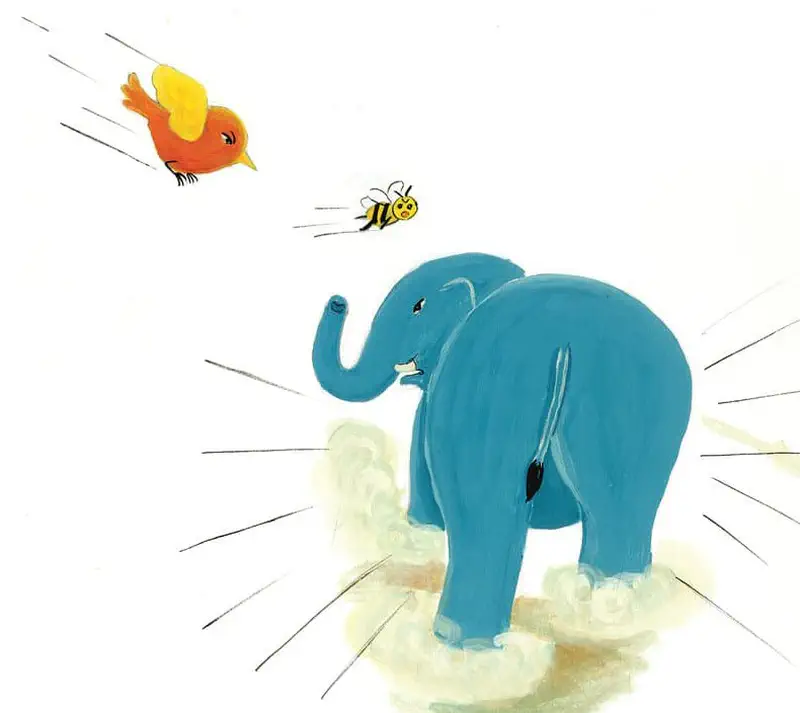 A blue elephant running fast with motion lines, accompanied by a flying bee and an orange bird in the sky.