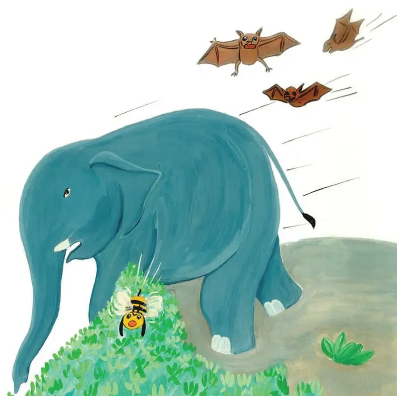 A blue elephant walking past a bush where a surprised bee hides, while two brown bats fly quickly overhead.