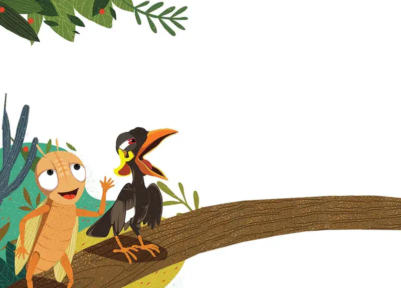 A friendly cricket waving while standing on a tree branch next to a black hornbill bird with a bright orange beak in a leafy forest.