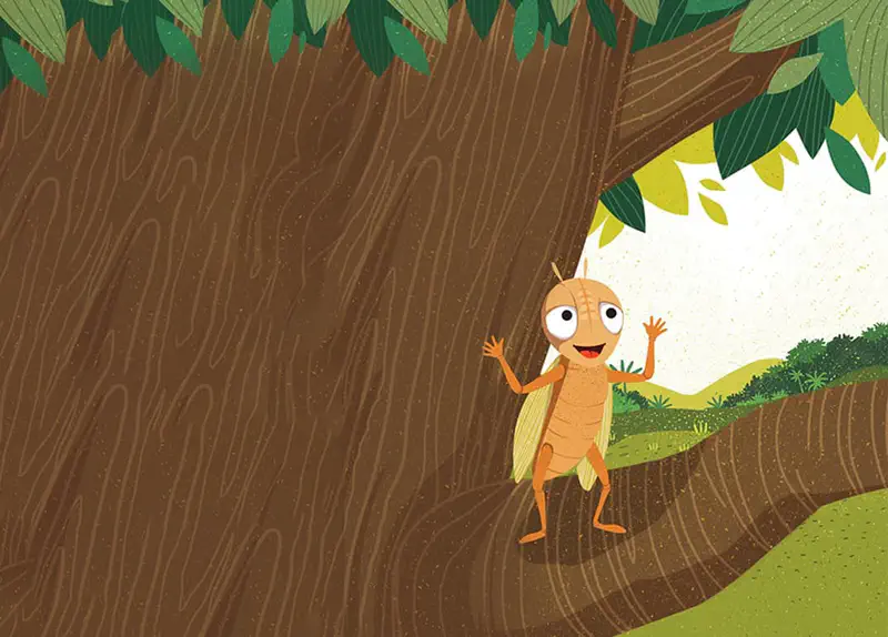 A cheerful cricket standing on the large root of a big brown tree, waving happily in a green forest setting.