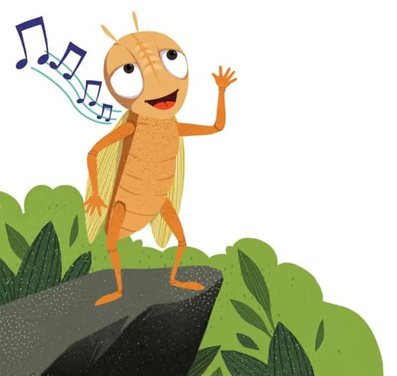 A happy cricket standing on a rock singing with music notes floating nearby, surrounded by green bushes and leaves.