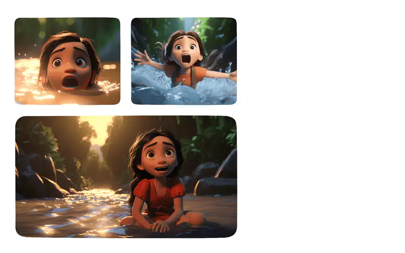 A girl struggling in water looking scared, then splashing with arms outstretched, finally sitting in a stream at sunset looking relieved.