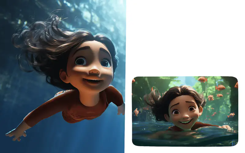 A girl swimming happily underwater with her hair flowing, then floating contentedly in water surrounded by orange fish in a lush setting.