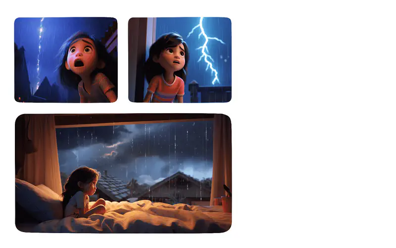 A girl looking scared during a thunderstorm with lightning flashing, then sitting in bed watching the rain through her window at night.