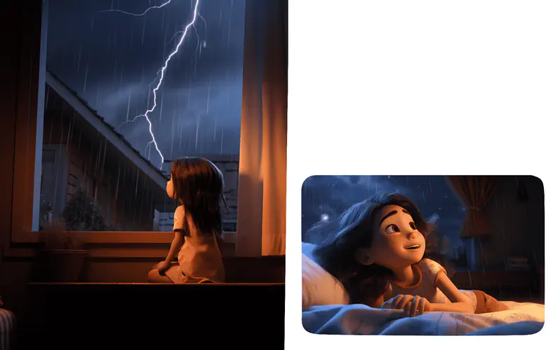 A girl watching lightning through a rainy window, then lying peacefully in bed looking calm despite the storm outside.