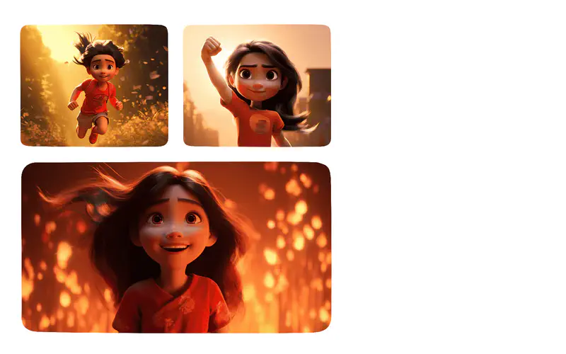 A joyful girl in red running through golden sunlight, raising her fist triumphantly, and smiling happily with glowing lights around her.