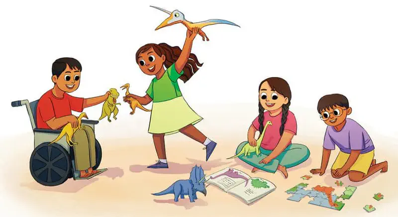Four children playing with dinosaur toys, including a boy in a wheelchair, a girl holding a pterosaur, and others with dinosaur puzzles and books.