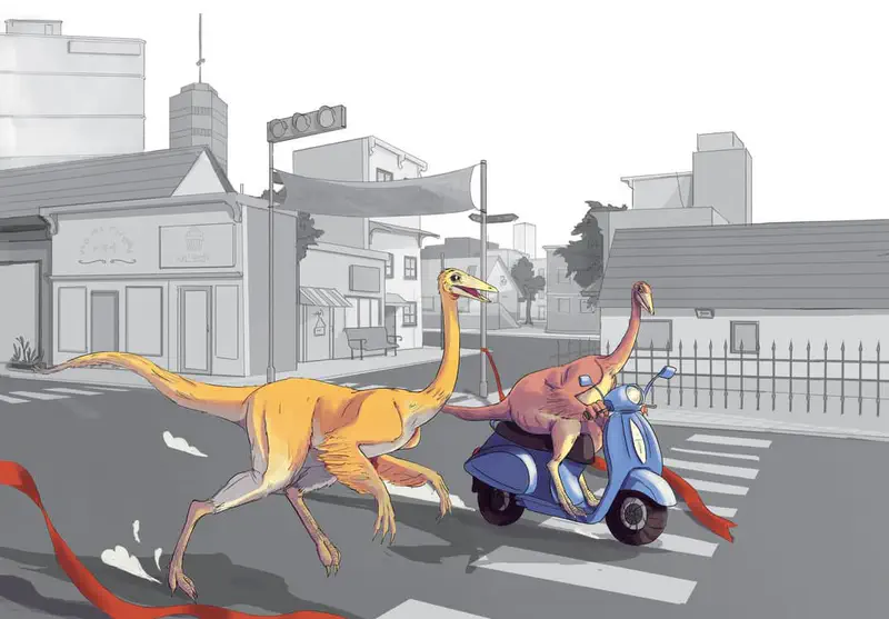 Two dinosaurs at a city crosswalk, one yellow running across and one pink riding a blue scooter, in a modern urban setting.