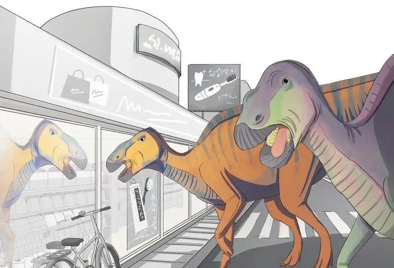 Two large dinosaurs window shopping at a store in a city, looking at their reflections while standing on a sidewalk near a crosswalk.