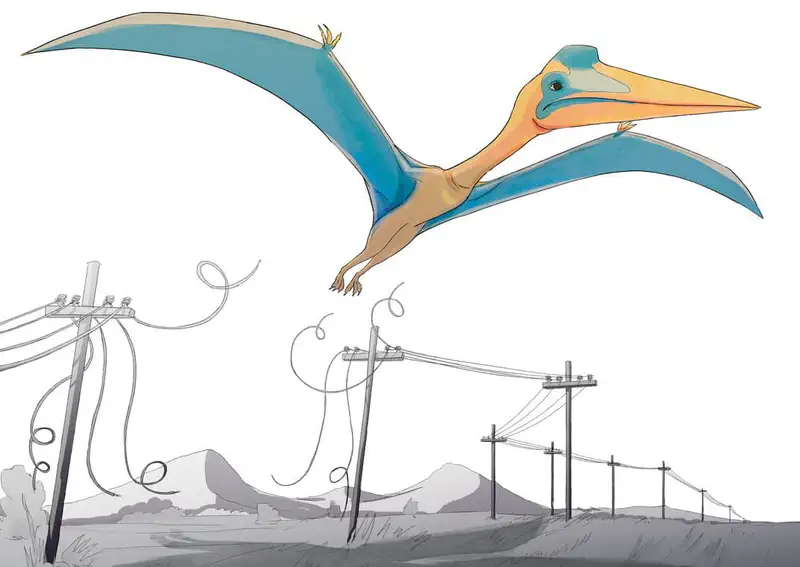 A large blue and orange pterosaur flying over power lines and telephone poles in a rural landscape with mountains.
