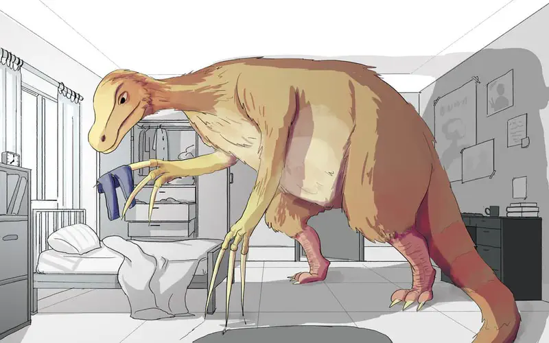 A huge feathered therizinosaurus with long claws standing in a bedroom, holding a piece of clothing near a closet and bed.