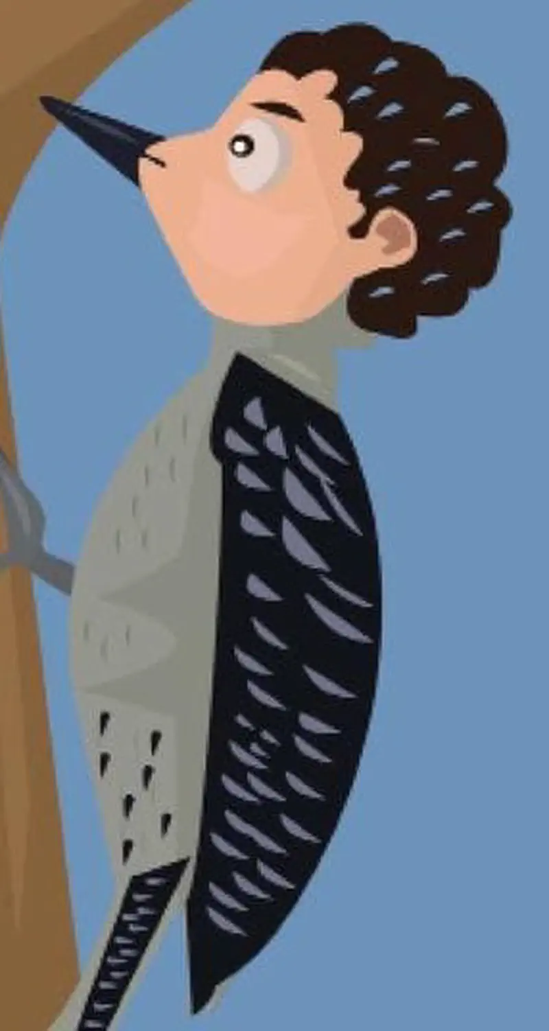 A boy with curly hair imagined as a woodpecker bird with black and white feathers, perched on a tree branch against a blue sky.