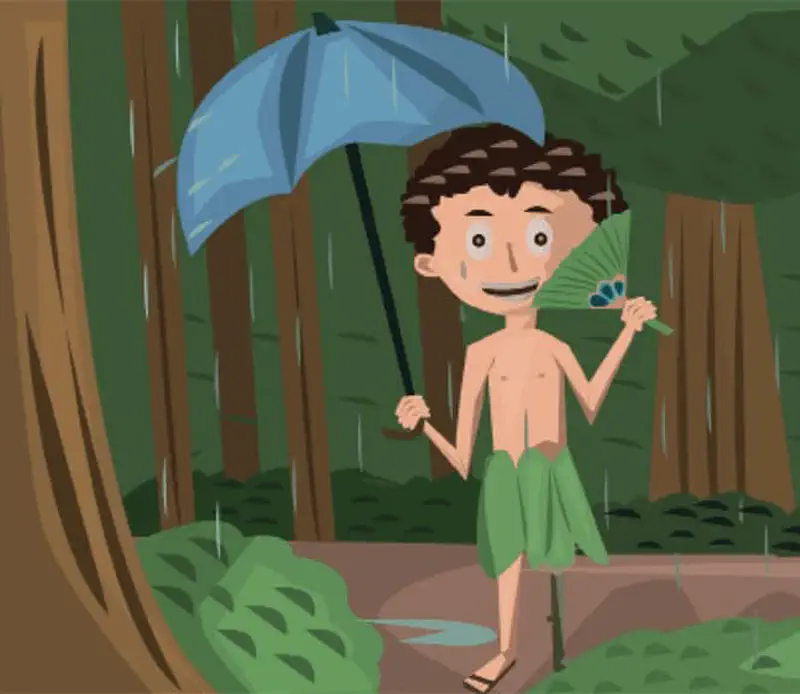A smiling boy with curly hair wearing a leaf skirt, holding an umbrella and fan in a rainy rainforest with tall trees.