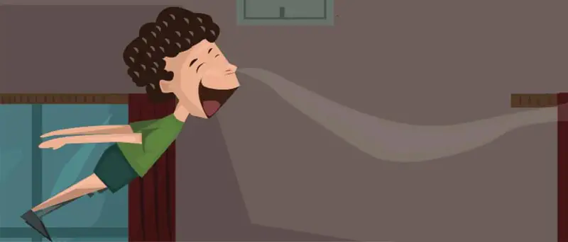 A boy with curly hair in a green shirt using echolocation like a bat, with sound waves extending from his mouth in a dark room.