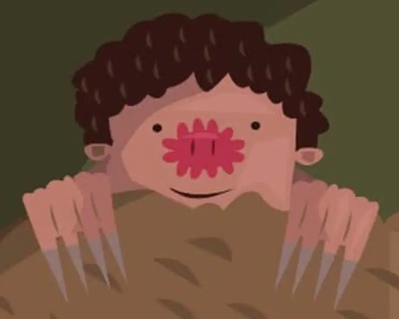 A boy with curly hair imagined as a star-nosed mole with a pink star-shaped nose and long claws, peeking out from underground.