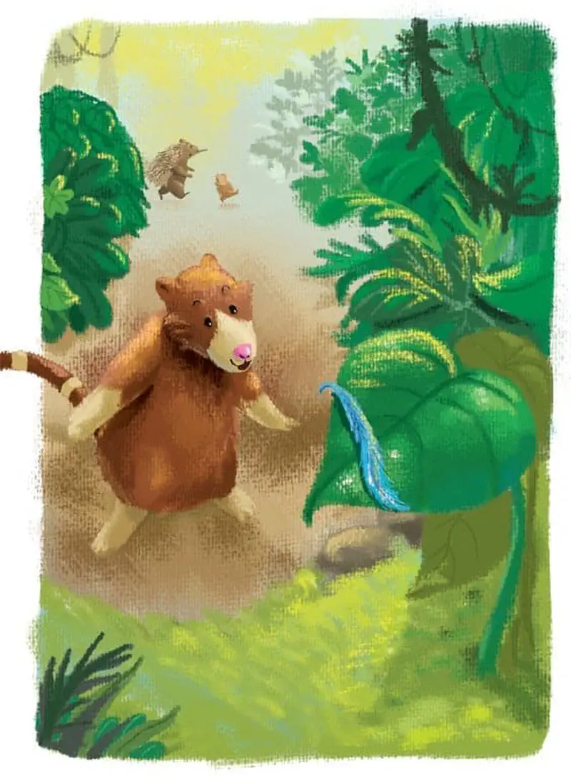 Tree kangaroo joey runs through a sunny forest path with an echidna and small animal visible in the misty background among large green leaves.