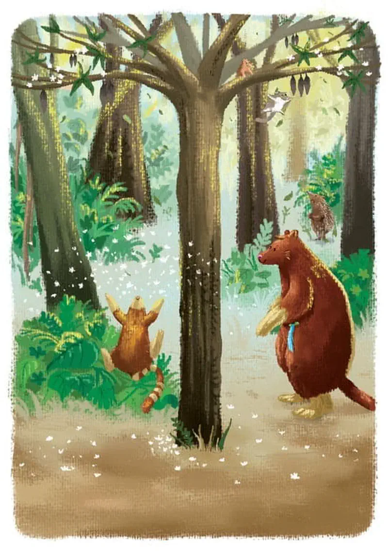 Tree kangaroo joey and mother look up at tall forest trees where animals play in branches while an echidna watches from nearby.