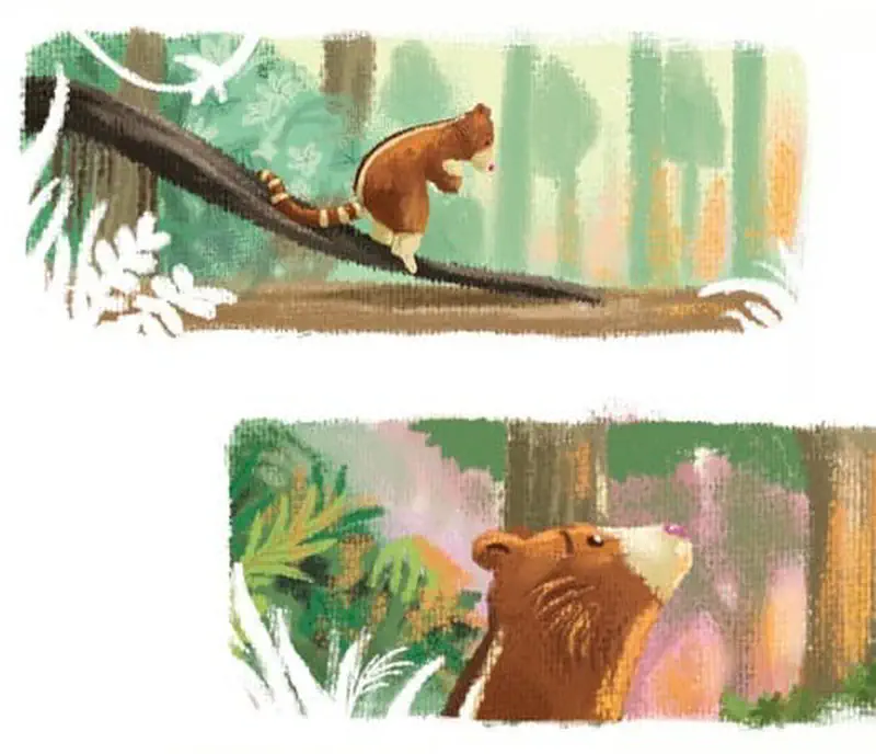 Split scene showing a young tree kangaroo walking along a dark branch above, and mother tree kangaroo looking up with pink nose below.