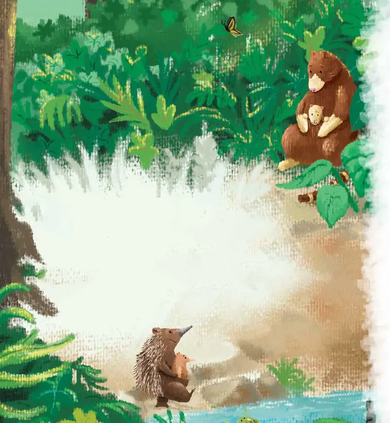 Mother echidna with baby meets tree kangaroo mother holding joey in a sunny forest clearing with yellow butterfly and lush green foliage.