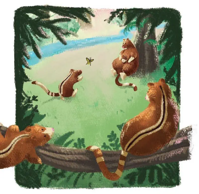 Multiple tree kangaroos gather in a forest clearing, some on branches and others on the ground, with a small butterfly in the center.