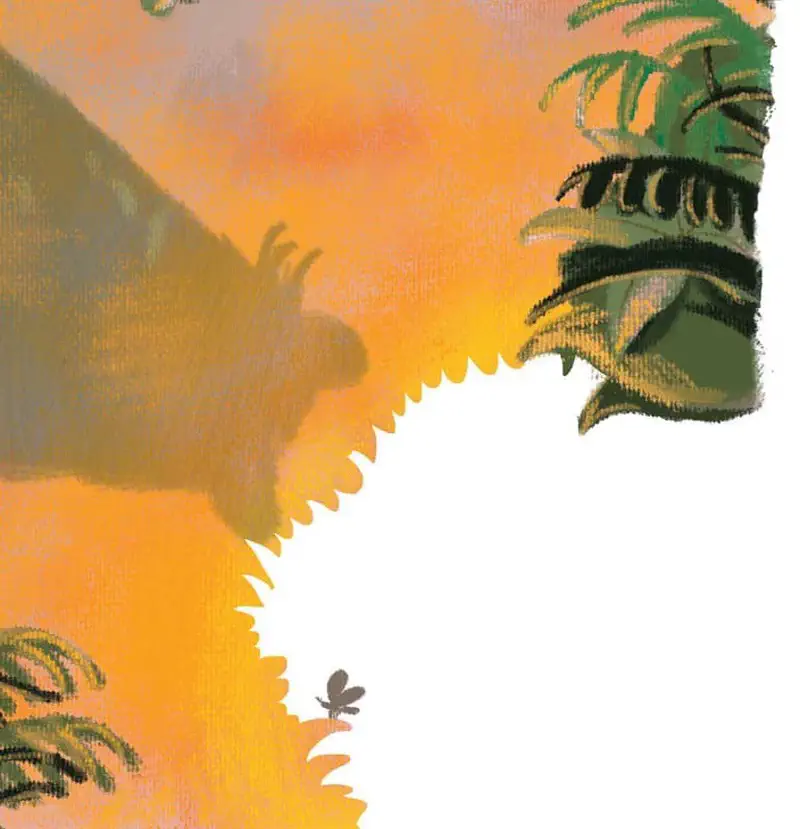 Silhouette of a tree kangaroo reaching out against a warm orange sunset sky with tropical leaves and a small dragonfly nearby.