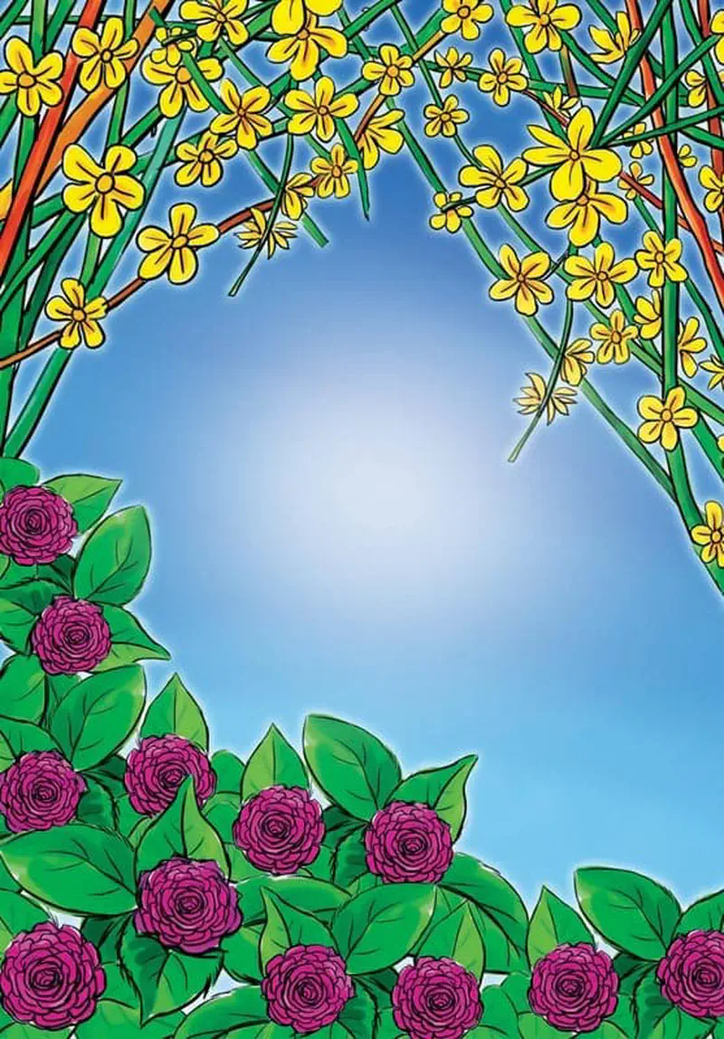 Garden view framed by yellow jasmine flowers above and pink camellias below against a bright blue sky background.