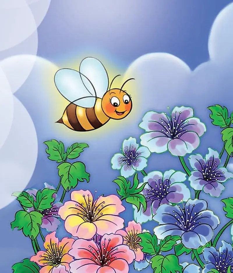 Cute cartoon bee glowing with light flies above colorful hibiscus flowers in pink, purple, yellow and blue shades.