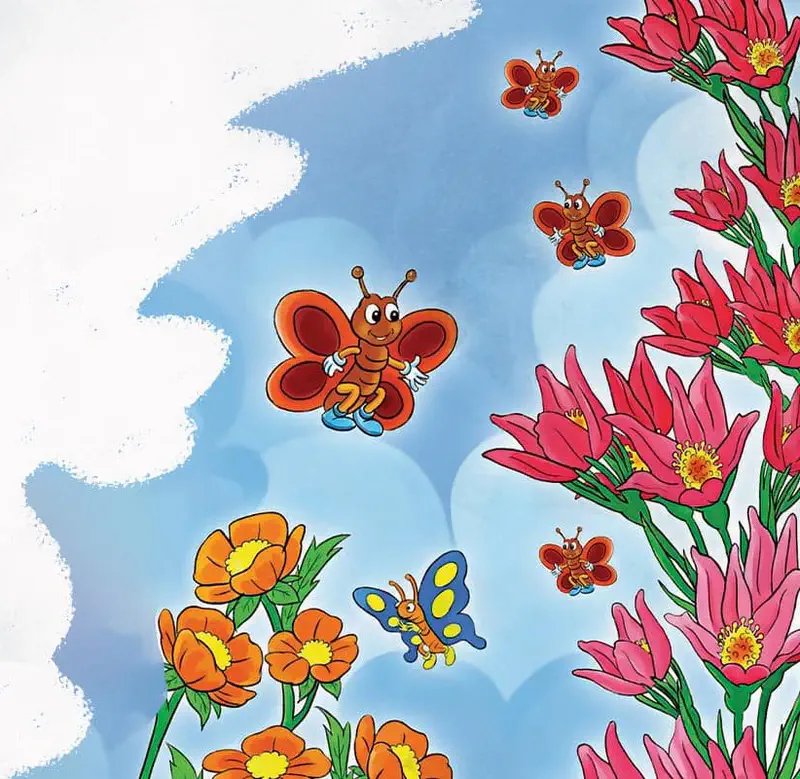 Colorful cartoon butterflies in orange and blue flutter among pink tulips and orange poppies against a blue cloudy sky.