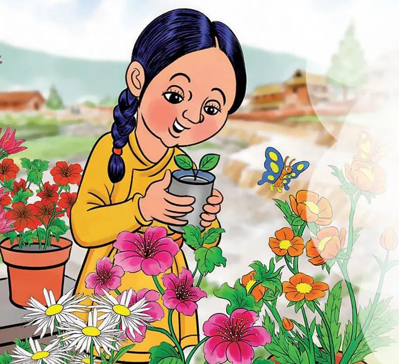 Girl with dark braided hair in yellow dress holds a seedling pot in her garden surrounded by colorful flowers and a butterfly.