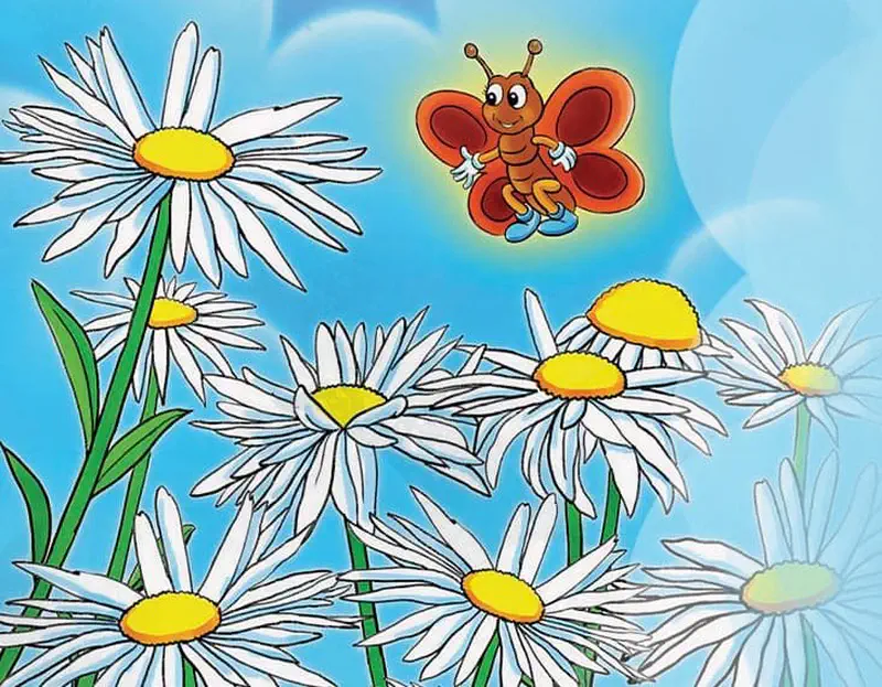 Friendly cartoon butterfly with red wings hovers above white daisies with yellow centers against a bright blue sky.