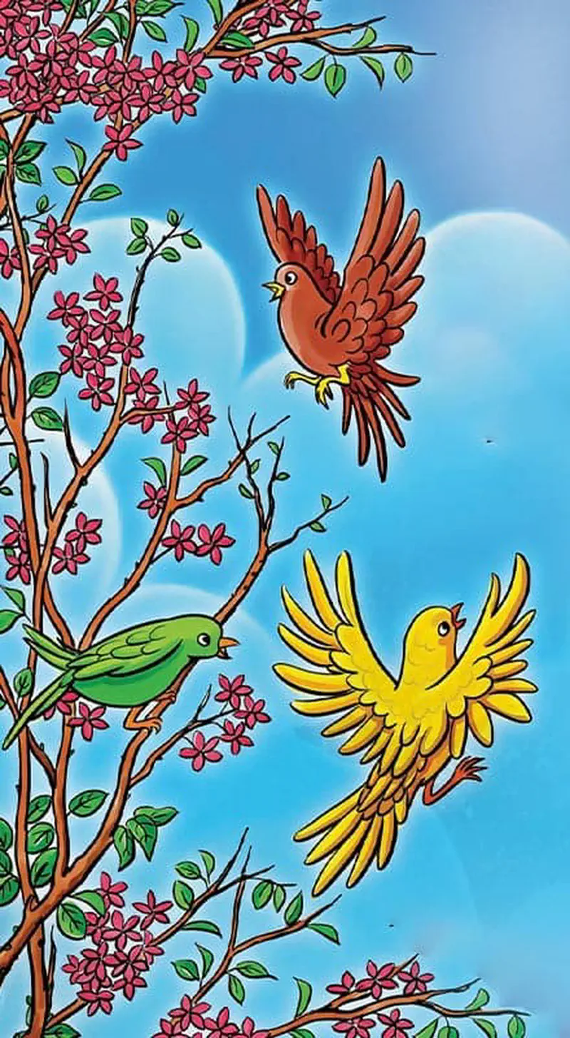 Three colorful birds - green, brown, and yellow - fly among branches of pink cherry blossoms against a blue sky.
