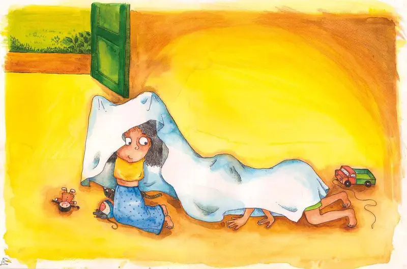 Girl with curly hair peeks under a blue blanket in a yellow room while children play with toy cars nearby and a green door opens to outside.
