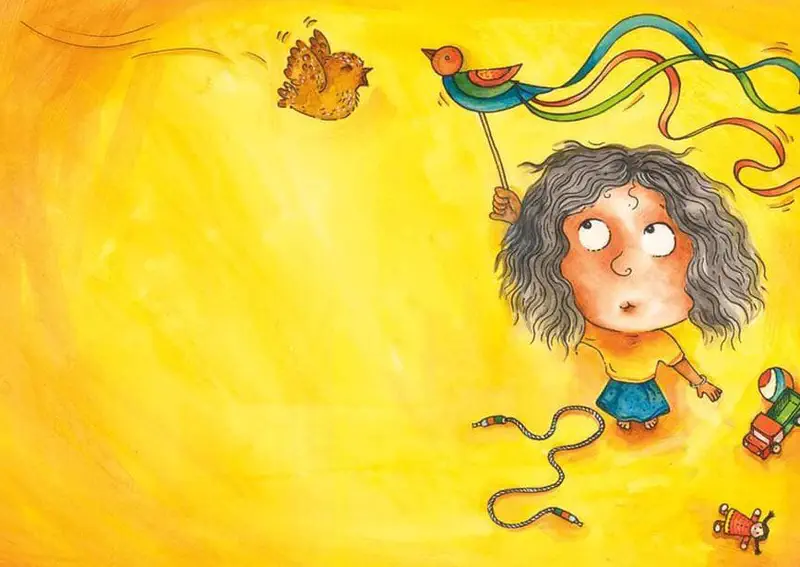 Girl with curly hair holds a colorful pinwheel toy while a chicken flutters nearby against a bright yellow background with toys scattered around.