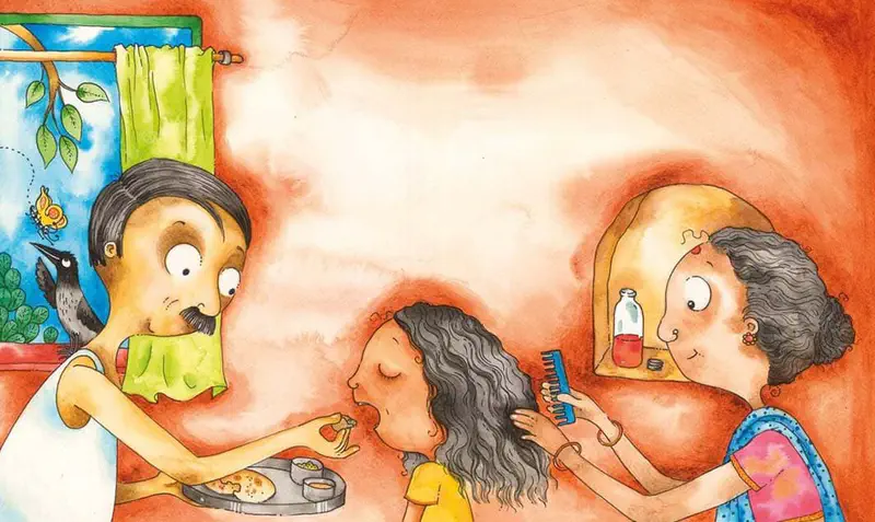 Father feeds a girl while mother combs her curly hair in an orange room with a window showing a bird and butterfly outside.