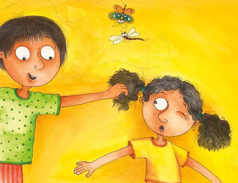 Boy in green shirt playfully pulls the pigtails of a surprised girl in yellow shirt while a butterfly and dragonfly fly above on a yellow background.