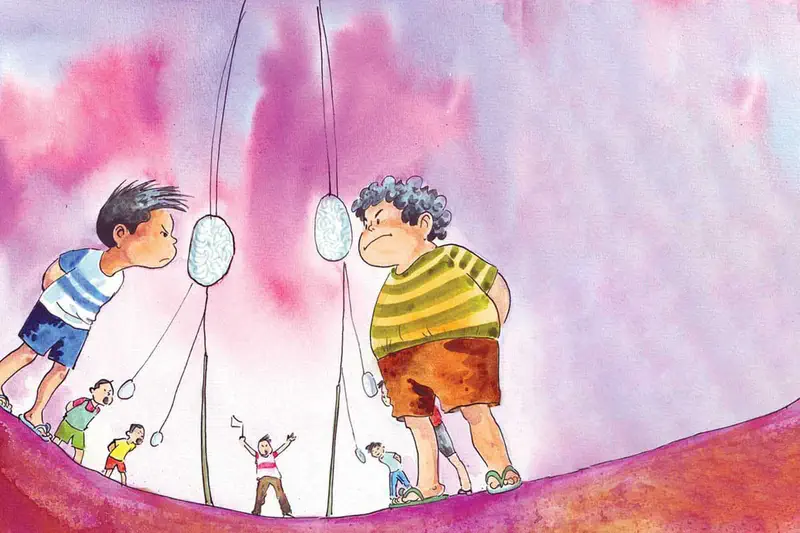 Two boys face off in a kerupuk eating contest with crackers hanging on strings while other children play in the pink and purple background.