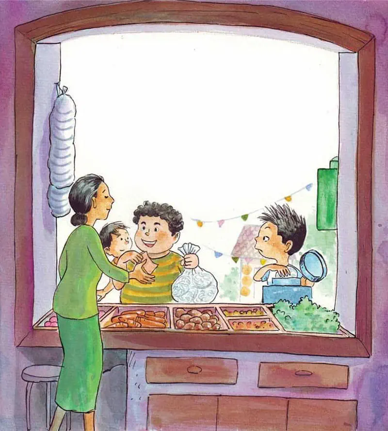 Mother holds baby at a food stall window where a boy buys snacks from a vendor while another boy waters plants at a festival.