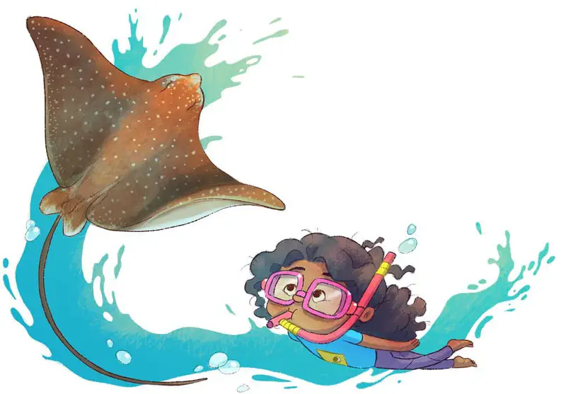 Girl with pink snorkel mask swims alongside a large spotted eagle ray with a long tail in swirling turquoise water.