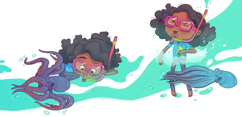 Girl shown twice snorkeling with sea creatures - swimming near a purple octopus and standing surprised next to a squid in turquoise water.