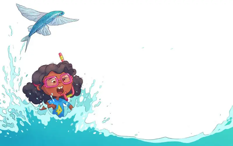 Girl with pink goggles and snorkel splashes in ocean waves while a blue flying fish leaps through the air above her.