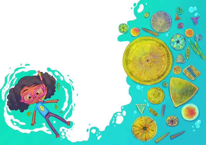 Girl with snorkel gear floats in turquoise water while colorful microscopic diatoms and plankton of various shapes float nearby.