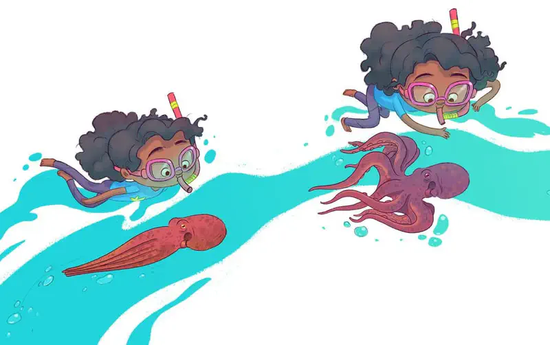 Girl shown twice snorkeling - swimming alongside a red squid and reaching toward a purple octopus in flowing turquoise water.