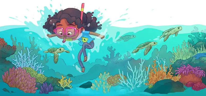 Girl with pink snorkel mask dives into turquoise water surrounded by green sea turtles and colorful coral reef below.
