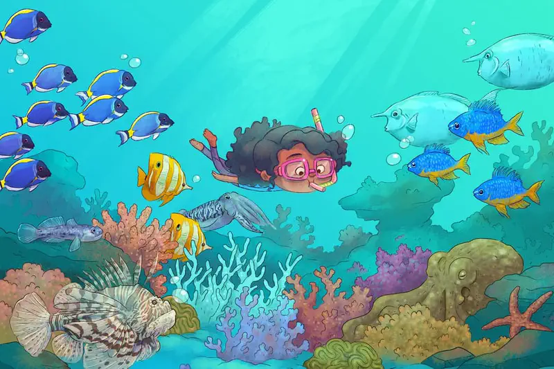Girl snorkels through vibrant underwater scene with schools of blue and yellow fish, lionfish, cuttlefish, octopus, and colorful coral.