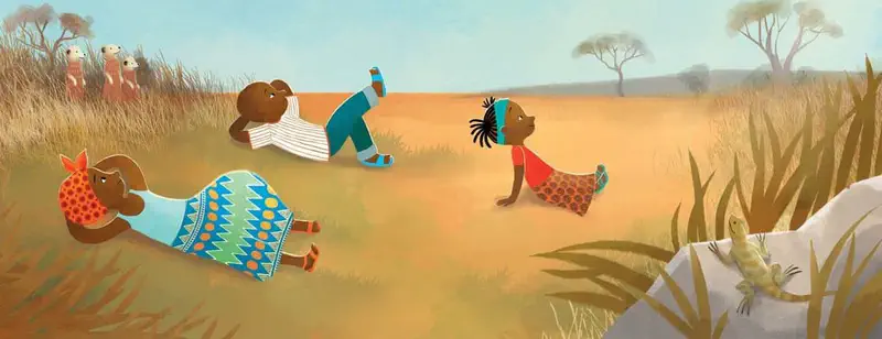 Three children in colorful African clothing play on the savanna ground while meerkats watch nearby and a lizard sits on a rock.