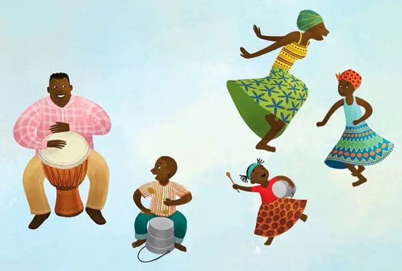 An African family makes music and dances joyfully, with father playing djembe drum, son on bucket drum, mother and daughter dancing.