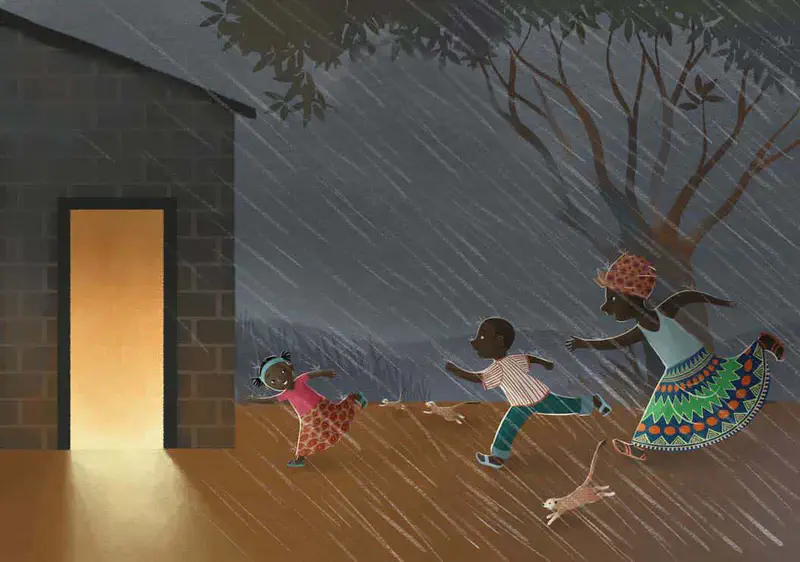 Children and mother run through heavy rain toward a house with warm light glowing from the doorway as a meerkat follows them.