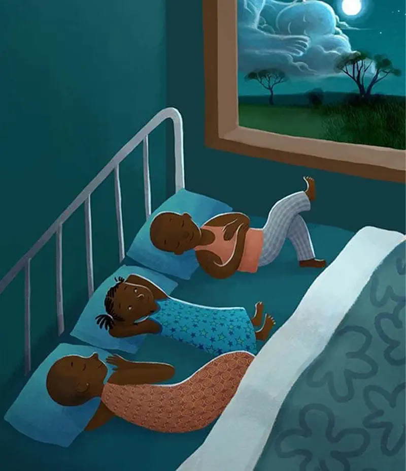 Three children sleep peacefully in beds while moonlight shines through a window showing the savanna and cloud figures in the night sky.