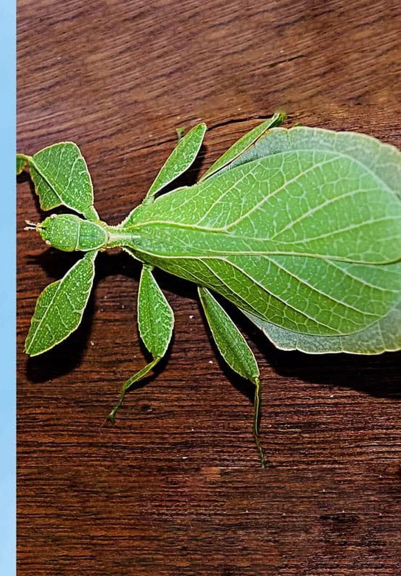 A green leaf insect with remarkable camouflage, its body and legs shaped like leaves, resting on a dark wooden surface.
