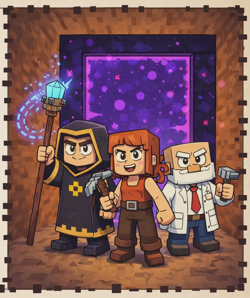 On the right side of the image, three Minecraft-style characters stand together in a cave, positioned in front of a large activated Nether portal — a tall obsidian rectangle filled with swirling purple energy. On the left, The Mage stands in his dark charcoal-black hooded robe with gold/yellow trim and gold diamond-shaped emblem on the chest, holding his tall wooden staff topped with a glowing light-blue crystal gem aloft as he casts the fire spell that activated the portal; magical sparks trail from the staff to the portal. In the center, Jill stands with her shoulder-length auburn/copper-orange hair, wearing her bright orange sleeveless top with a brown belt, dark brown pants, and brown boots, gripping her gray-and-brown pickaxe with a determined expression. On the right, Dr. Can Do stands in his white lab coat over a white dress shirt with a red necktie, dark navy-blue pants, and dark brown shoes, with his white bushy eyebrows and thick white mustache, holding his small gray hammer and looking eager. All three face the viewer with determined expressions, ready to step through. The cave walls are brown and rocky, and the portal glows with purple and magenta particles. The left side of the image is a plain beige area reserved for text, framed by a pixelated border.